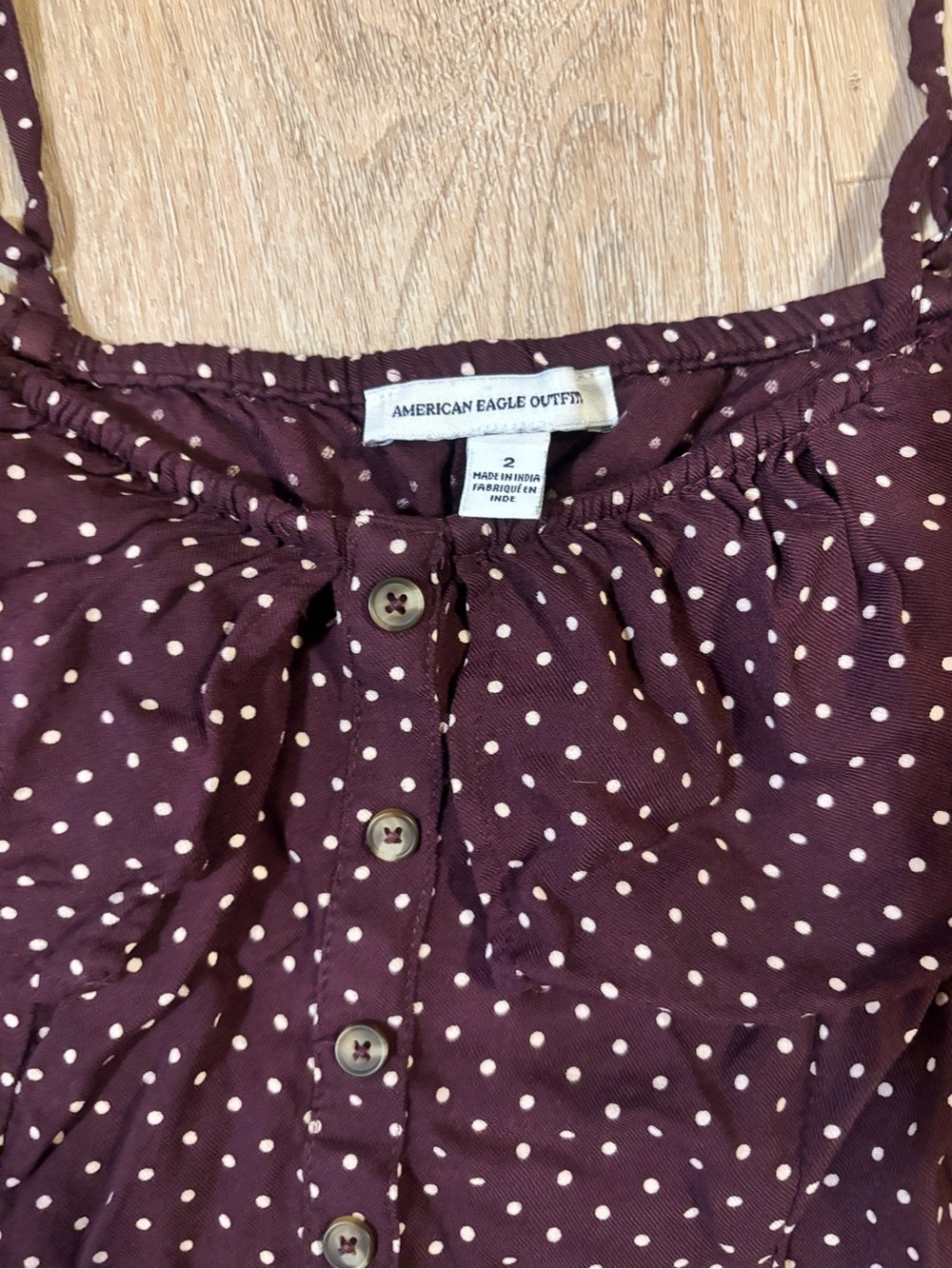 American Eagle Outfitters Burgundy Polka Dot Off-Shoulder Mini Dress - Picture 2 of 5